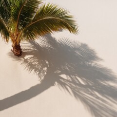 Fototapeta premium Sunlit lone palm tree casting long sharp shadow across smooth white sand beach with dramatic diagonal composition and tropical mood
