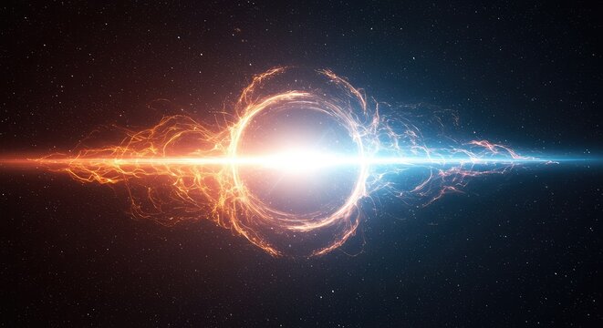 Conceptual digital illustration showing dynamic gravitational forces and warped spacetime, creating an intense, theoretical cosmic energy field backdrop, design, cosmic, warp