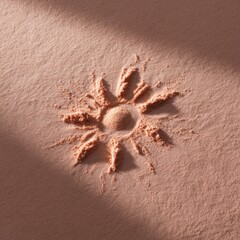 Fototapeta premium Sunburst shape pressed into fine peach powder on matte surface with radial spikes and dramatic diagonal shadows, textural makeup motif emphasizing geometric organic pattern and warm tone