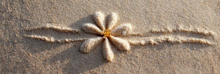 Fototapeta premium Sand flower petals beach daisy design with raised center golden core and elongated horizontal pattern on smooth sand