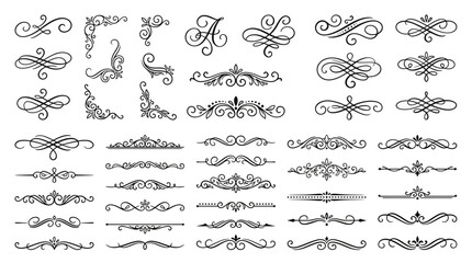 Set of black ornamental vintage dividers and flourishes with elegant swirls on white background, concept for wedding stationery design, editorial layout decoration and luxury branding projects