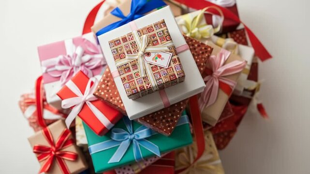 A pile of colorful gifts wrapped in various papers and ribbons