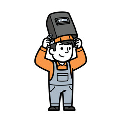 Fototapeta premium Cartoon Welder Putting on Welding Mask
