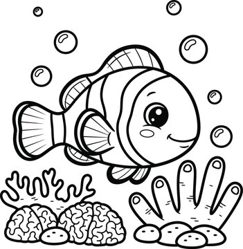 Cute Clownfish Coloring Page for Kids, Cartoon Ocean Fis,h Underwater Line Art