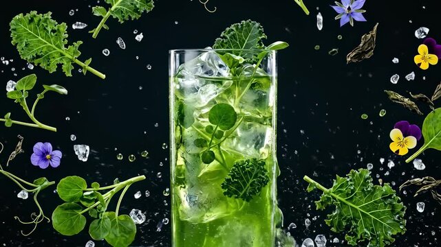Dynamic slow-motion splash of vibrant green healthy kale and herb beverage with ice cubes and edible flowers exploding against a dark background.
