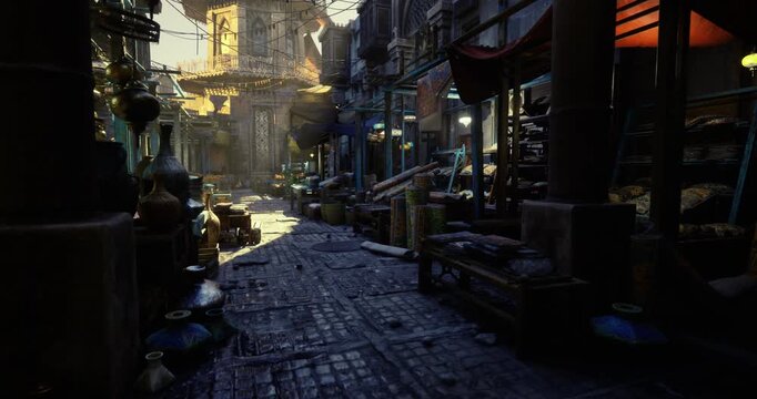 golden market avenue lined with pottery stalls, long shadows and warm dusk tones, curated displays and historic facades evoke nostalgic travel scenes