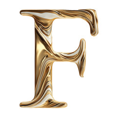 Abstract glossy golden letter F with flowing metallic texture on dark background.