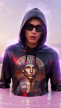 antique character model future history master powerful aura control ocean flow dark man hoodie