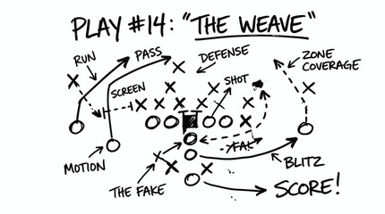 American football play diagram labeled as the weave with tactical markings on white background, concept for sports coaching presentation, strategic game planning and athletic training education