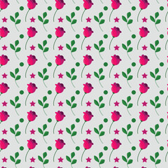 Fototapeta premium Seamless pattern of pink flowers and green leaves on light background