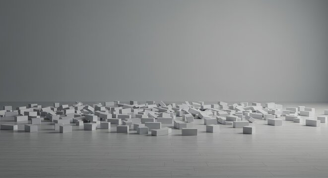 A wide, empty floor covered randomly with scattered, identical white blocks creating widespread disorder and confusion across the entire scene, haphazard, volume, scattered