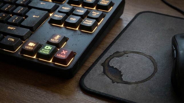 Close-Up of Teleworking Keyboard With Highlighted Meeting Keys and Coffee Stain on Mouse Pad With Backlight Glow