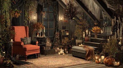 Room is dressed for Halloween. Festive inside