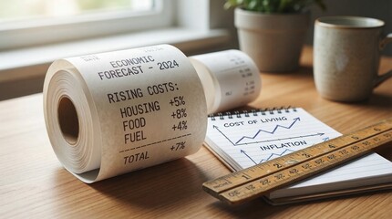 Photorealistic Calculator Tape Printout Showing Economic Forecasts With Rising Costs Beside Notepad Graphs and Wooden Ruler