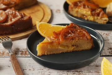 Upside down orange cake, ready homemade on the table
