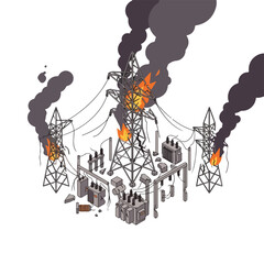 Obraz premium vector isometric of damaged power plant burned by missile attack 05