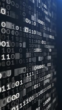 A close-up of a digital display showing a vast array of binary code, with white numbers and letters on a dark background