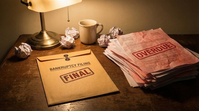 Sealed Bankruptcy Filing Envelope Stamped Final Next to Overdue Invoice Pile and Crumpled Paper Under Dim Desk Light