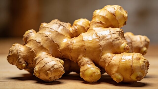 Fresh ginger root on wooden table, organic raw ginger rhizome for cooking and medicine, rustic culinary background with aromatic spice
