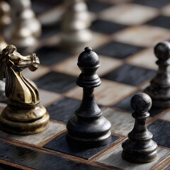 A close-up view of chess pieces on a chessboard with a knight, pawns, and other pieces in the background.