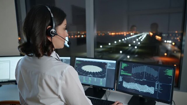 Air traffic controller at night monitors flights and ensures safety at busy airport