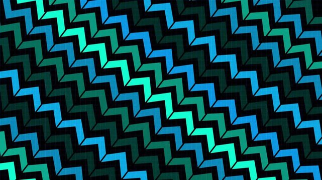 Diagonal zigzag pattern over dark grid background, geometric abstract tech design animation