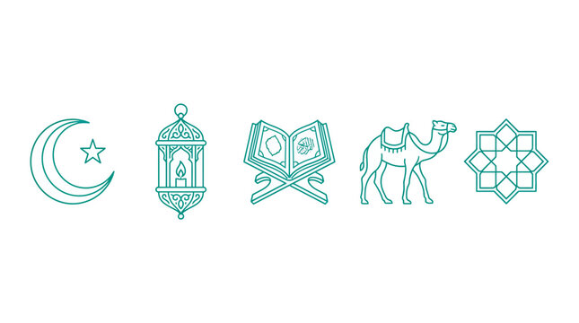 set of islamic line icons including moon, lantern, quran, camel and geometric pattern, concept for ramadan celebration, religious education and cultural branding