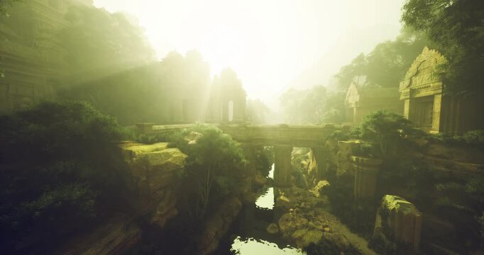 sun drenched ravine with natural bridges and sculpted cliffs, layered rock formations glowing in warm light, narrow watercourse threading through rugged