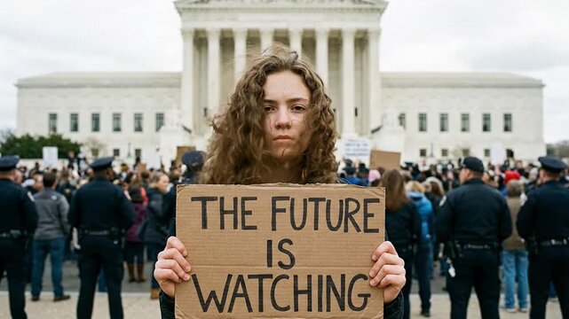 Young activist woman holding future is watching cardboard sign before crowd at Supreme Court representing environmental protest climate change awareness Earth Day demonstration and civic engagement