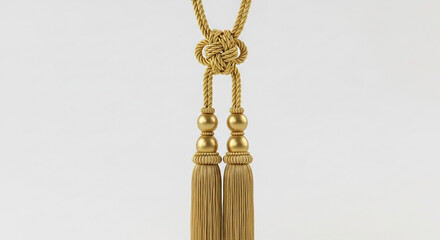 Golden Tassel Cord with Beads and Knot Detail on White Background