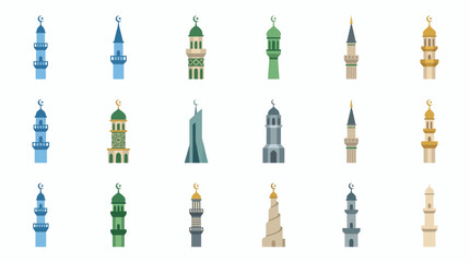 Obraz premium Set of eighteen diverse Islamic minaret mosque tower icons in flat design style, concept for religious architecture project, cultural heritage exhibition and travel guide destination signage