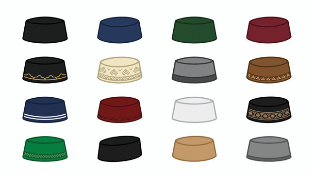 Set of colorful traditional Indonesian peci caps with varied patterns, concept for cultural heritage branding, religious fashion accessories and male identity design