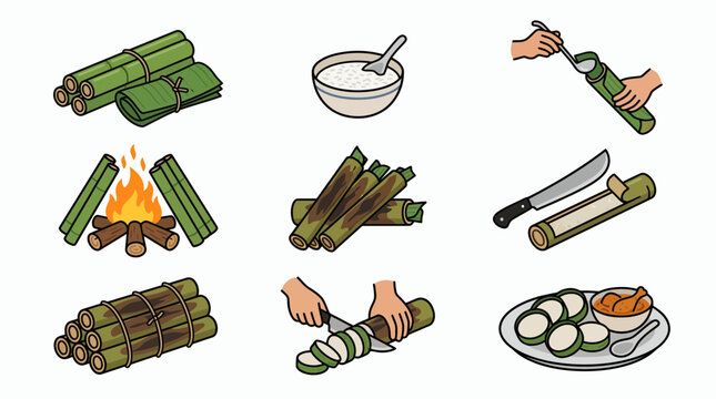 Set of bamboo rice lemang icons showing cooking preparation and serving process, concept for culinary education, traditional food blogging and cultural tourism promotion