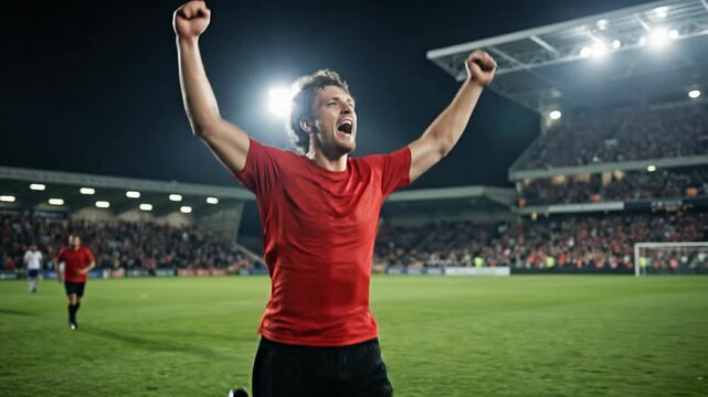 Euphoric male soccer player in red jersey celebrating victory with raised arms on illuminated stadium field representing championship triumph sporting passion and the joy of winning