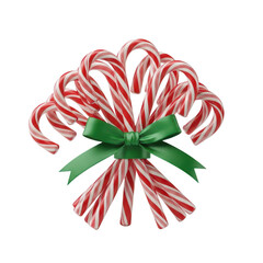 Fototapeta premium A festive bouquet of traditional red and white striped candy canes tied with a green satin ribbon