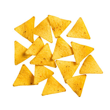 Scattered triangular nacho chips with seasoned texture isolated on transparent background