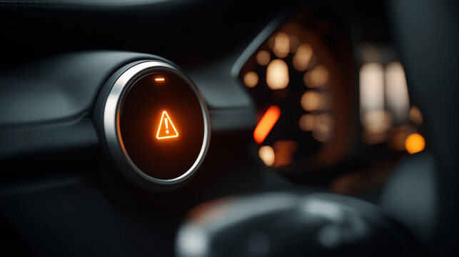 Illuminated hazard warning button on car dashboard. Car interior with glowing triangle icon. Vehicle brake system failure alert. Safety technology and automotive emergency signaling concept.