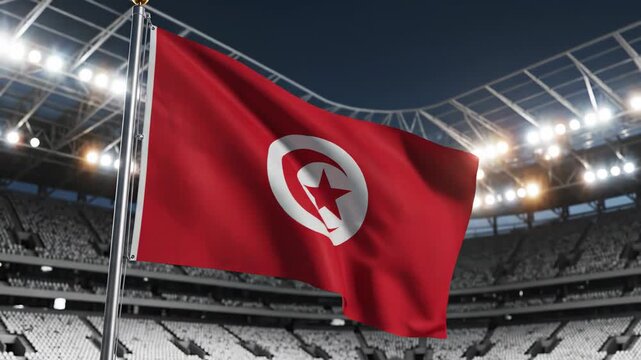 Red flag of Tunisia waving in a stadium with bright lights illuminating the empty seating area, showcasing the national symbol and colors in a vibrant setting