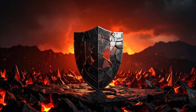 A Fractured Obsidian Shield Stands Strong Amidst a Volcanic Apocalypse