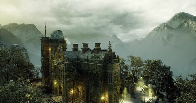 Gothic mountain fortress shrouded in mist, battered by storm clouds and dimly lit by scattered lanterns. Ancient stone walls and crenellated battlements rise