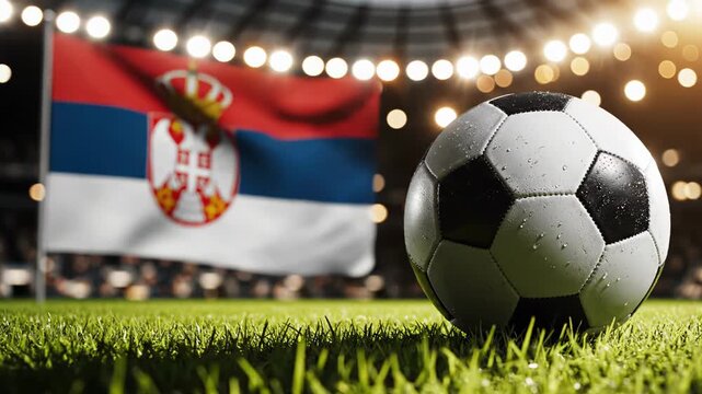 Soccer ball resting on green grass in front of Serbian flag, illuminated stadium lights creating a vibrant atmosphere for a sporting event