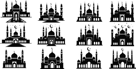 Obraz premium Islamic mosque silhouette set with crescent moon and minarets, Ramadan Kareem architecture collection, black vector mosque icons isolated, Eid Mubarak religious building illustration