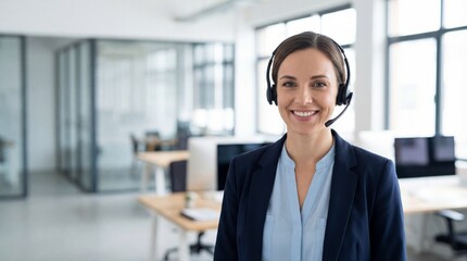 smiling caucasian woman wearing headset in modern office. customer support, call center agent, telemarketing professional. communication concept. banner, website header with copyspace.