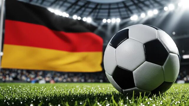 Soccer ball positioned on green grass field with German flag waving in the background inside a stadium filled with spectators during a sporting event