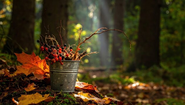Rusty Metal Bucket Filled With Foraged Autumn Berries and Roots in a Sunlit Forest