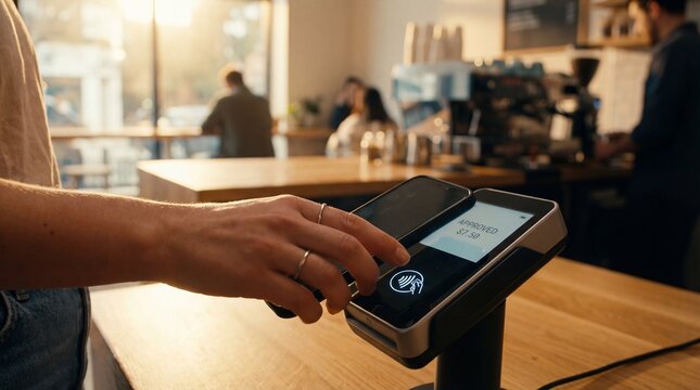 caucasian woman paying with smartphone via contactless terminal in coffee shop. mobile payment transaction on card reader machine showing approved status. digital banking technology. cafe purchase.