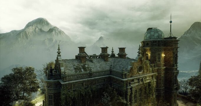 Misty mountain fortress under storm clouds, ancient stone rooftop and turrets framed by distant peaks and low fog, dramatic atmospheric lighting, weathered