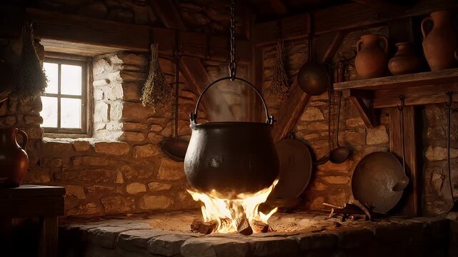 Large black cauldron on fire indoors.