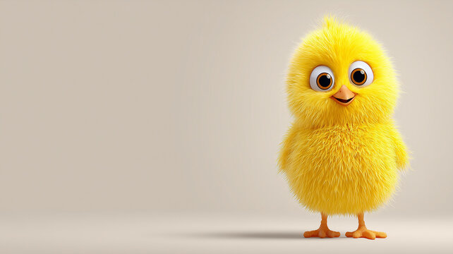Cute fluffy chick with big eyes on a light background. Cute cartoon character, concept of Easter, spring and children's joy. 3D illustration with copyspace.
