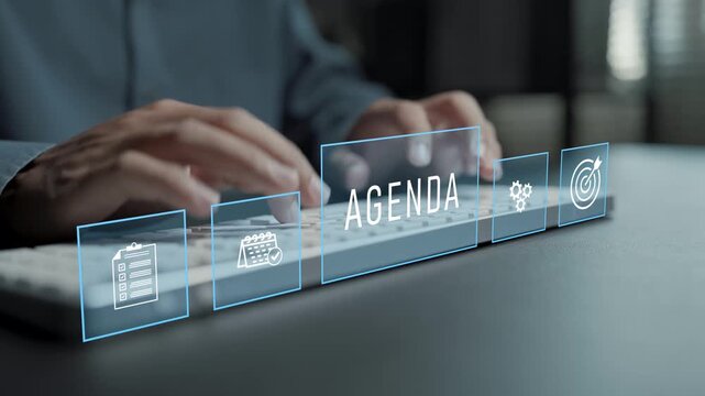 Agenda planning concept. Person typing keyboard with schedule and task planning icons, meeting agenda organization, productivity management and workflow planning.